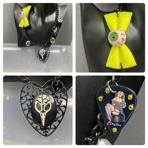 Hand Embellished Necklace eyeball bow heart pendant with skull steampunk guitar
